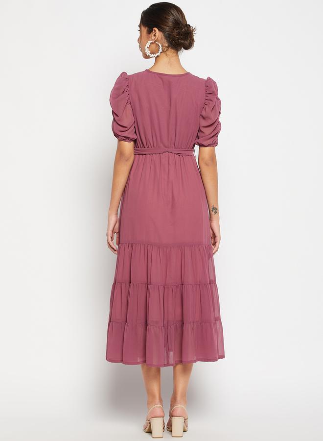 WineRed فستان ميدي بطبقات مزمومة - Image 4